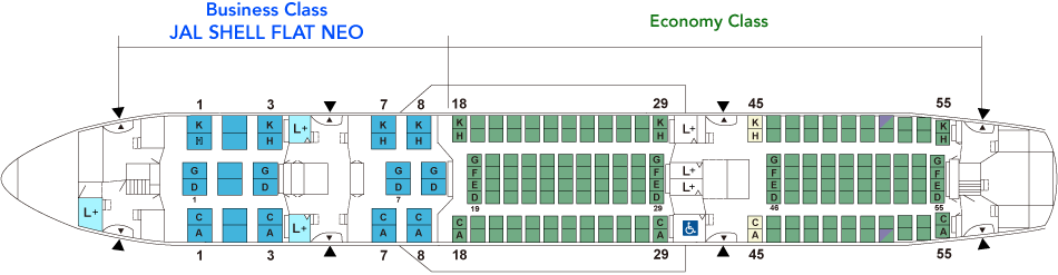 Boeing 787-800 seat map with JAL Shell Flat Neo seats