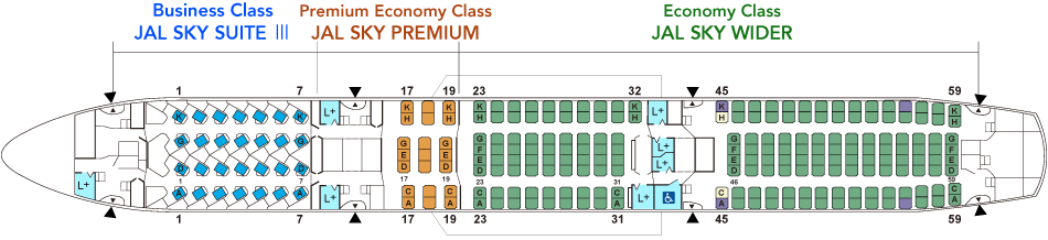 Boeing 787-900 seat map with JAL Sky Suite III seats