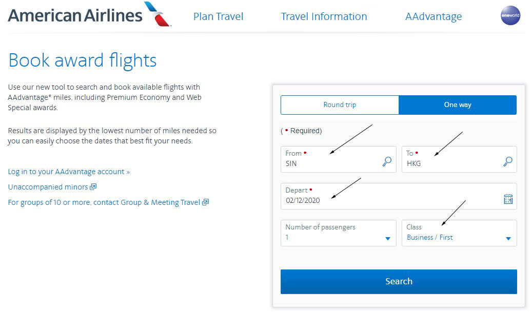 American Airlines award search page