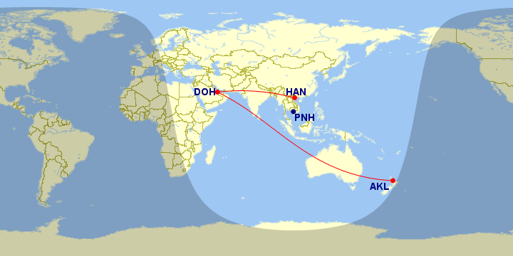 Fly from Hanoi to Auckland via Doha