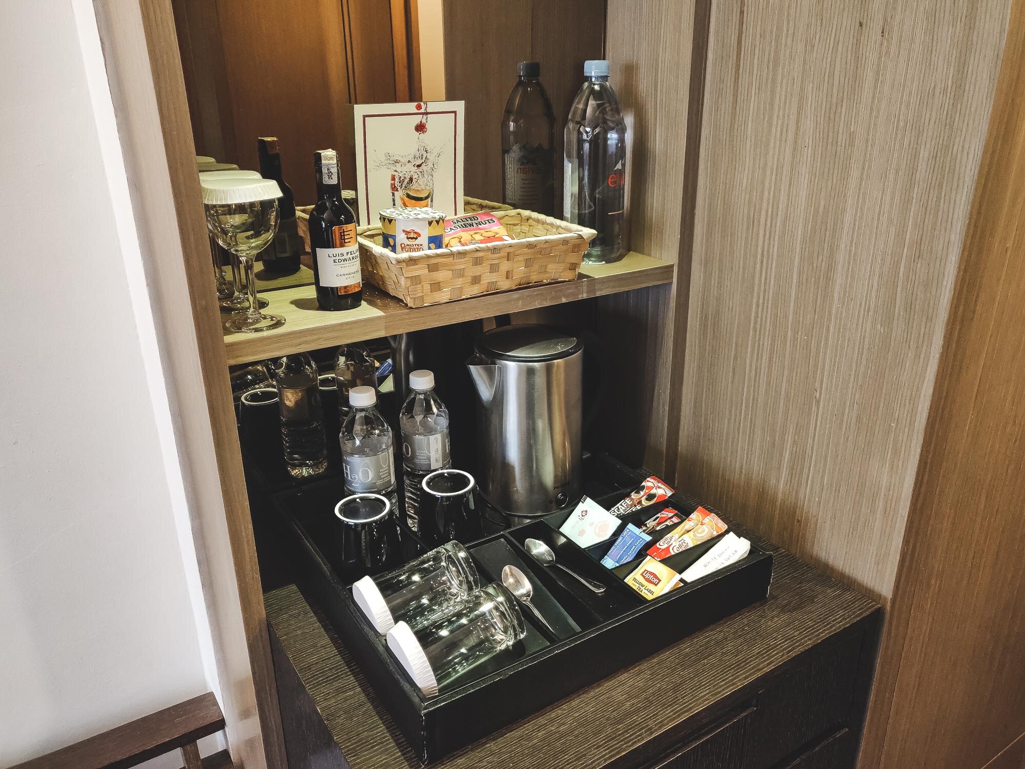 Standard mini bar with two complimentary bottles of water