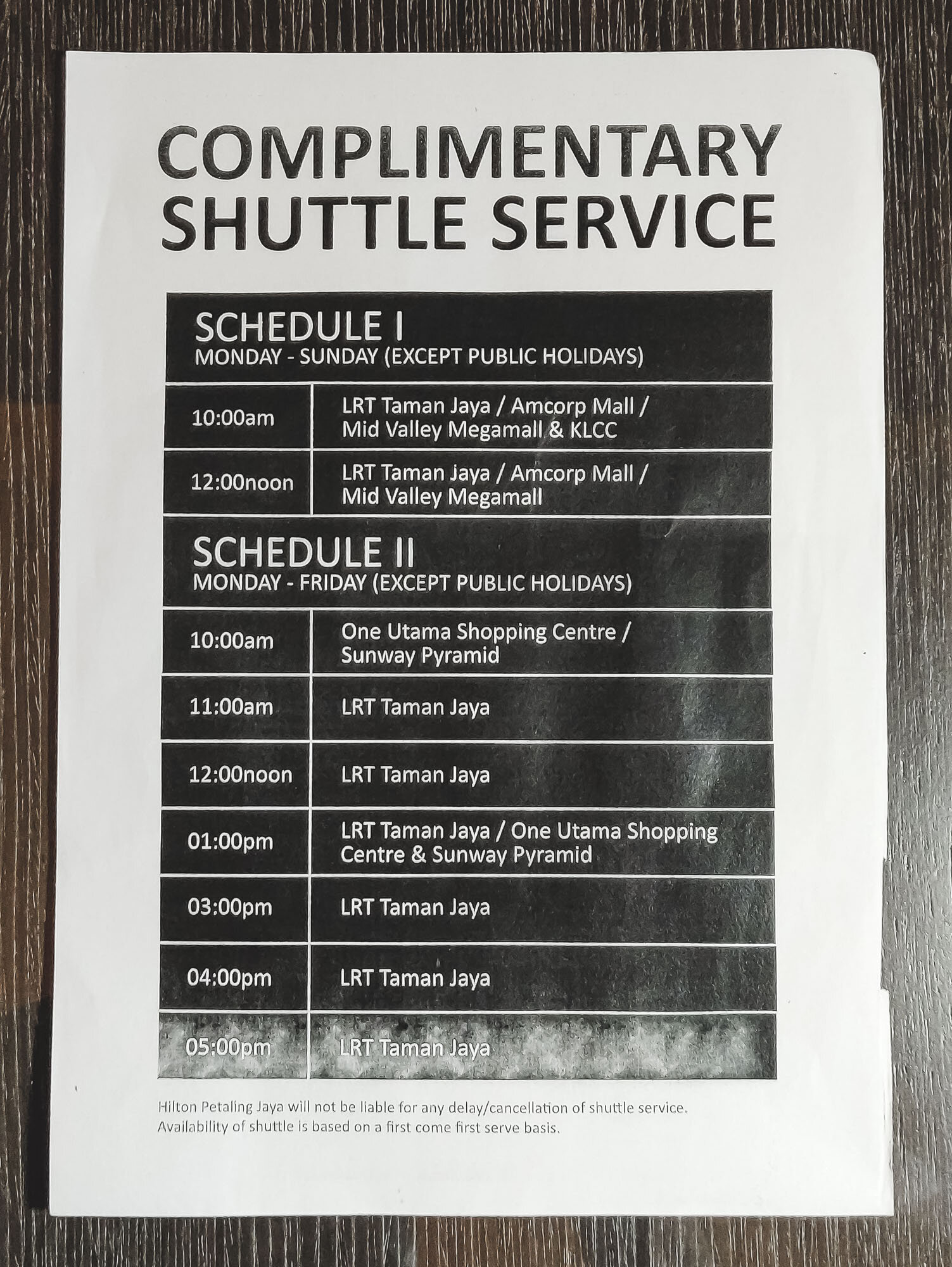Schedule of the complimentary shuttle service