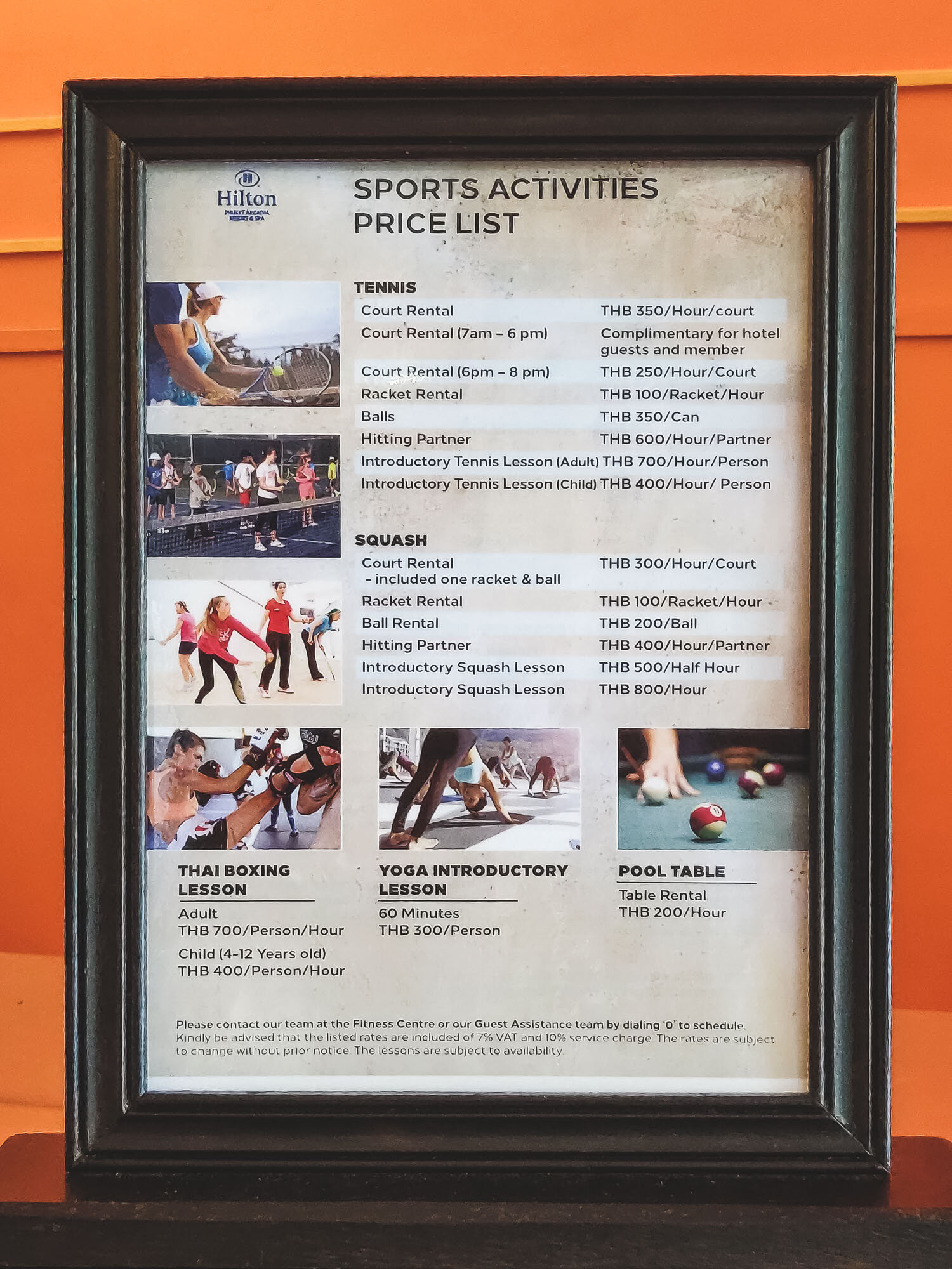 Price list for activities
