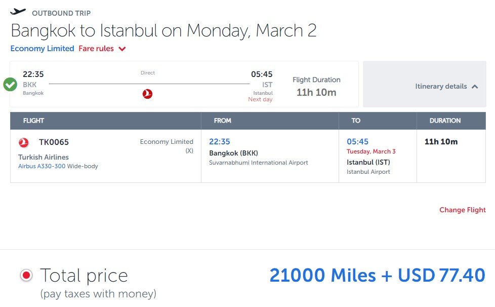Example of Economy flight from Bangkok to Istanbul