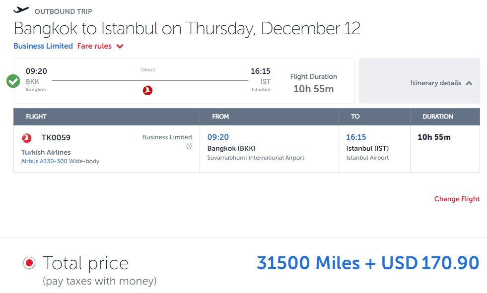 Example of Business flight from Bangkok to Istanbul