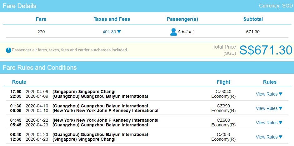 Booking page on csair.com