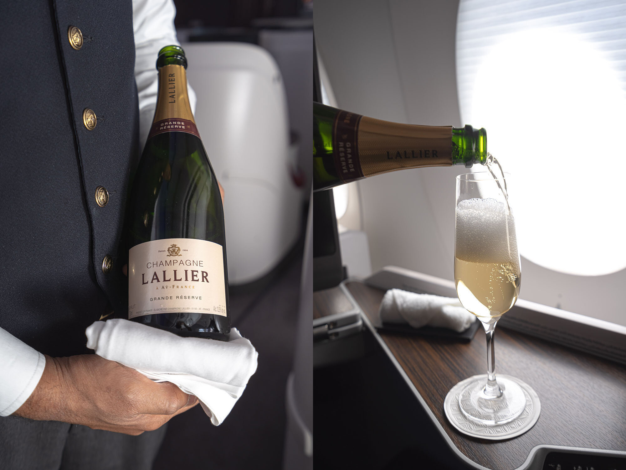 Lallier Grande Reserve Champagne and hot towel before take-off