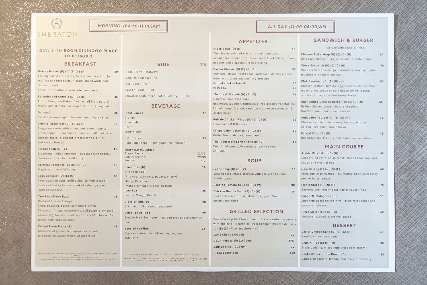  In-room dining menu 