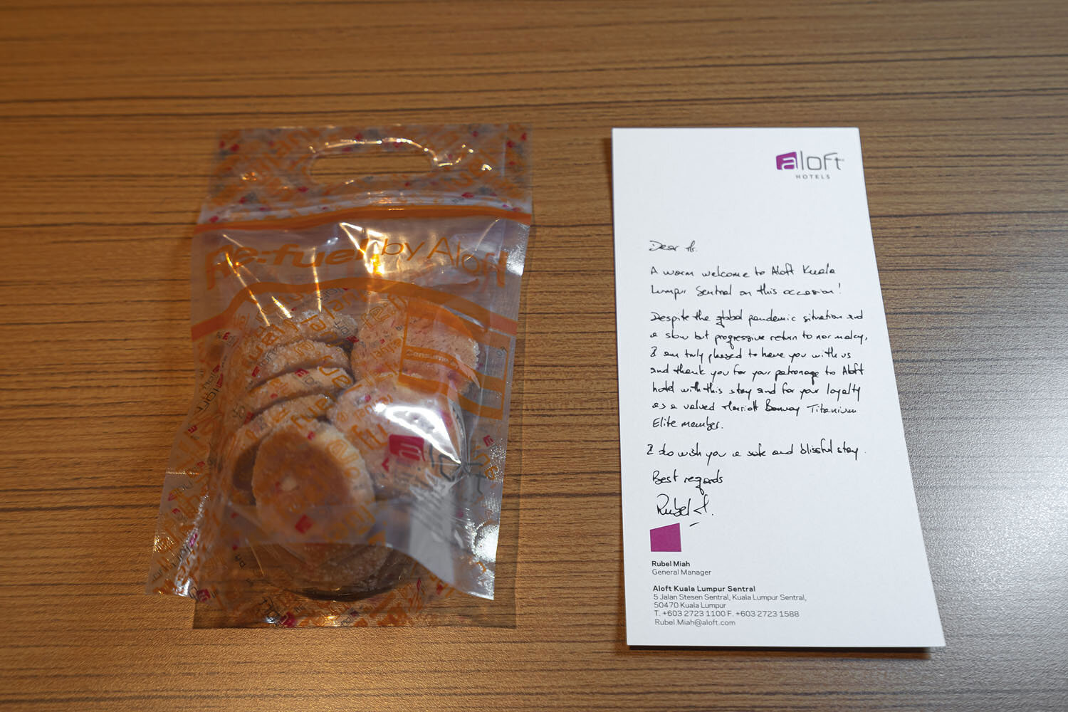  Handwritten letter and welcome snacks from the General Manager 