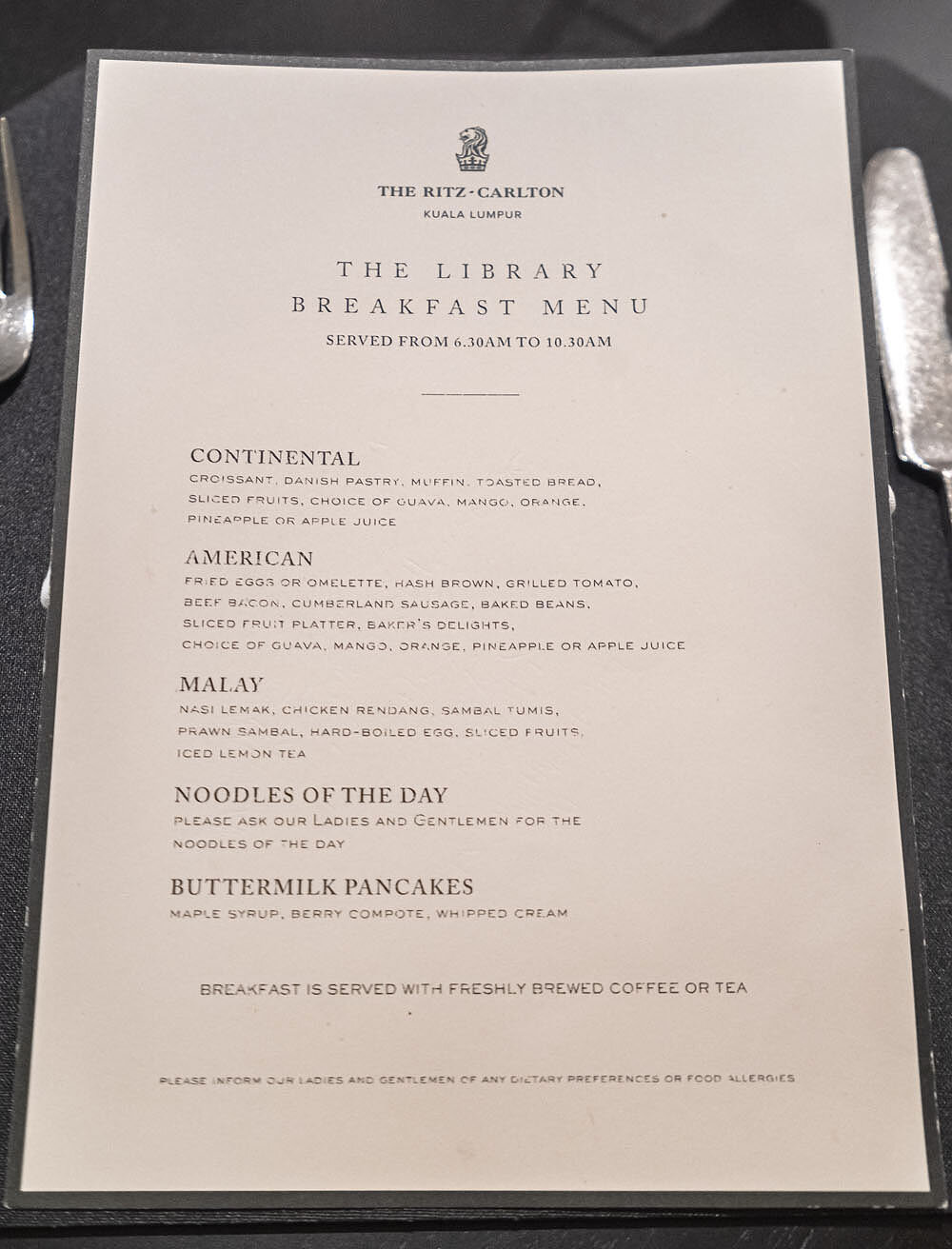A la carte breakfast menu