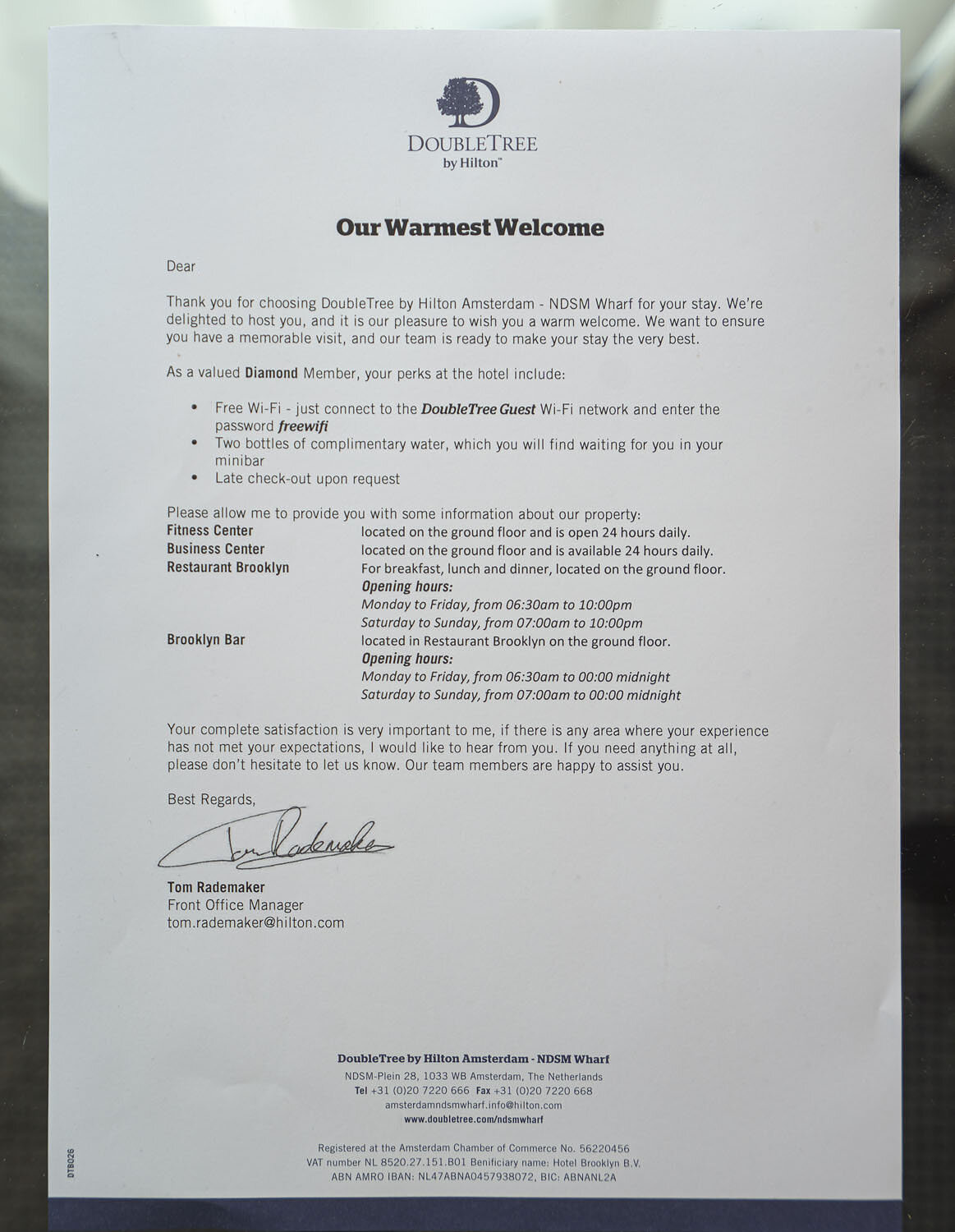 Diamond member welcome letter (Click to enlarge)