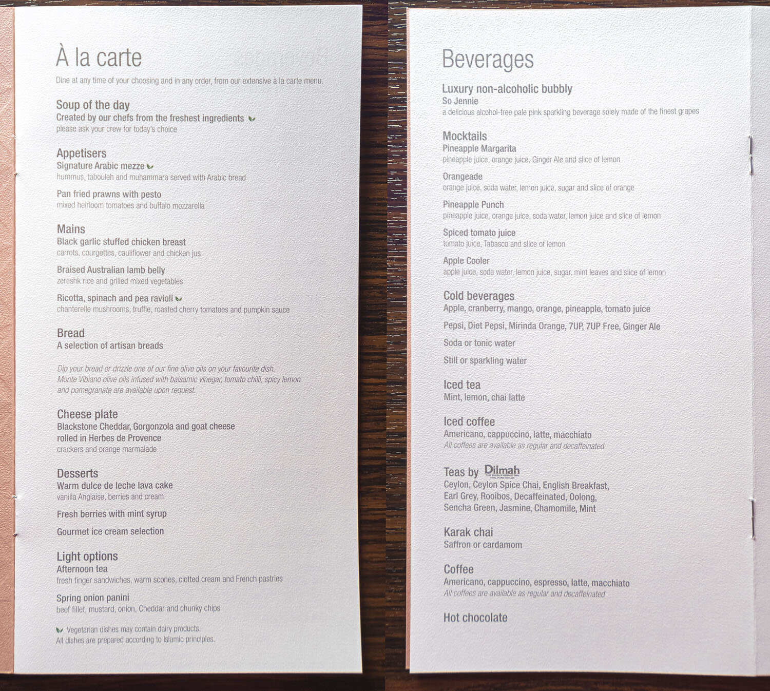 Food and beverages menu