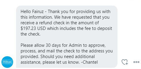 Refund confirmation from Hilton’s Twitter team